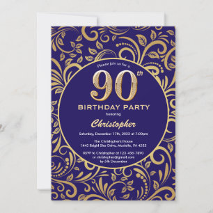 90th Birthday Navy Blue and Gold Floral Pattern Invitation