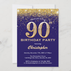 90th Birthday Navy Blue and Gold Glitter Confetti Invitation
