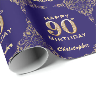 90th Birthday Navy Blue and Gold Glitter Frame Wrapping Paper