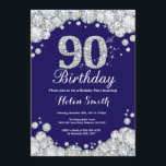 90th Birthday Navy Blue and Silver Diamond Invitation<br><div class="desc">90th Birthday Invitation. Navy Blue and Silver Rhinestone Diamond. Elegant Birthday Bash invite. Adult Birthday. Women Birthday. Men Birthday. For further customisation,  please click the "Customise it" button and use our design tool to modify this template.</div>