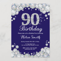 90th Birthday Navy Blue and Silver Diamond
