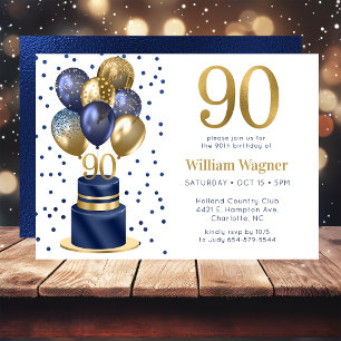 90th Birthday Navy Blue Balloon Cake Invitation