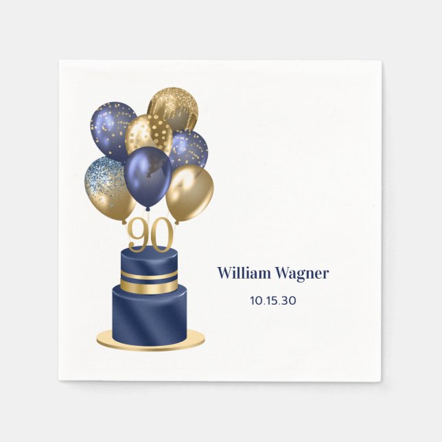 90th Birthday Navy Blue Balloon Cake Napkin (Front)