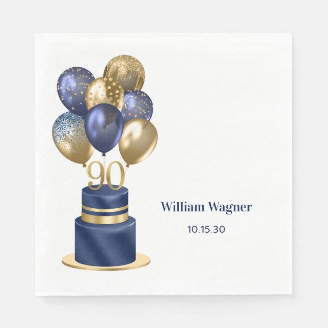 90th Birthday Navy Blue Balloon Cake Napkin (Front)