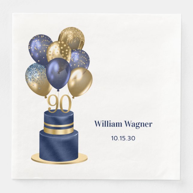 90th Birthday Navy Blue Balloon Cake Napkin (Front)