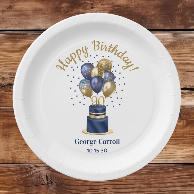 90th Birthday Navy Blue Balloon Cake Paper Plate (Creator Uploaded)