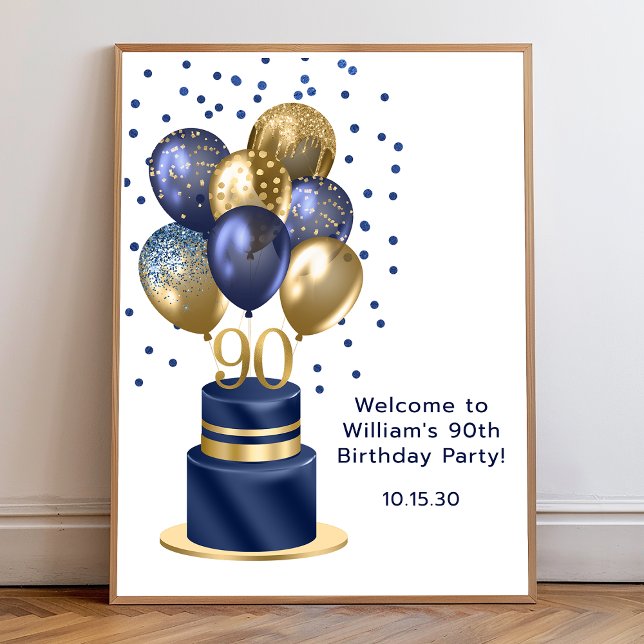 90th Birthday Navy Blue Balloon Cake Welcome Poster (Creator Uploaded)