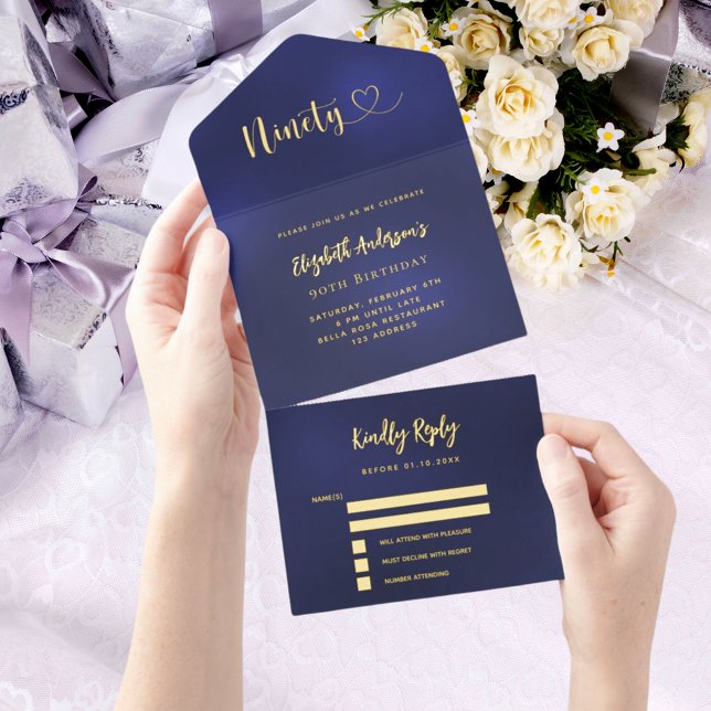 90th Birthday navy blue gold rsvp All In One Invitation (Creator Uploaded)