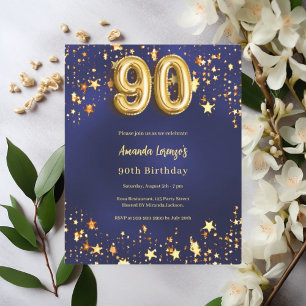 90th birthday navy blue gold stars invitation
