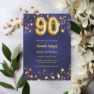 90th birthday navy blue gold stars invitation