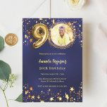 90th birthday navy blue gold stars photo invitation<br><div class="desc">A modern,  stylish photo invitation for a 90th birthday party.  A navy blue background,  decorated with golden stars. The blue colour is uneven. Personalise and add your photo and party details.</div>