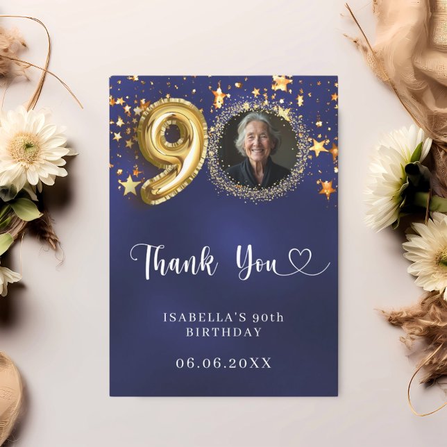 90th birthday navy blue gold stars photo thank you card (Creator Uploaded)