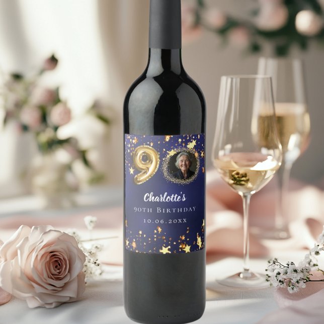 90th birthday navy blue gold stars photo wine label (Creator Uploaded)
