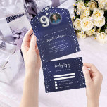 90th Birthday navy blue photo silver stars rsvp All In One Invitation<br><div class="desc">A navy blue background,  decorated with stars. The blue colour is uneven.  Personalise and add a photo,  name,  party details,  RSVP date,  return address and name.</div>