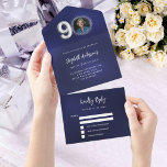 90th Birthday navy blue silver photo rsvp All In One Invitation<br><div class="desc">A navy blue background. The blue colour is uneven.  Personalise and add a photo,  name,  party details,  RSVP date,  return address and name.  Number 90 is written with a balloon style font in faux silver.</div>