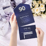 90th Birthday navy blue silver rsvp All In One Invitation<br><div class="desc">A navy blue background. The blue colour is uneven.  Personalise and add name,  party details,  RSVP date,  return address and name.  Number 90 is written with a balloon style font in faux silver.</div>