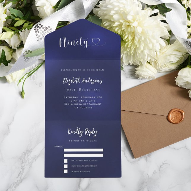 90th Birthday navy blue silver rsvp All In One Invitation (Creator Uploaded)