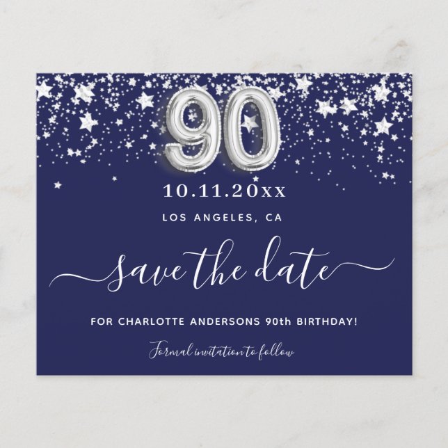 90th birthday navy blue silver save date budget flyer (Front)