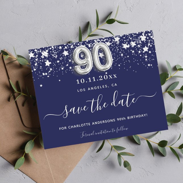 90th birthday navy blue silver save date card (Creator Uploaded)