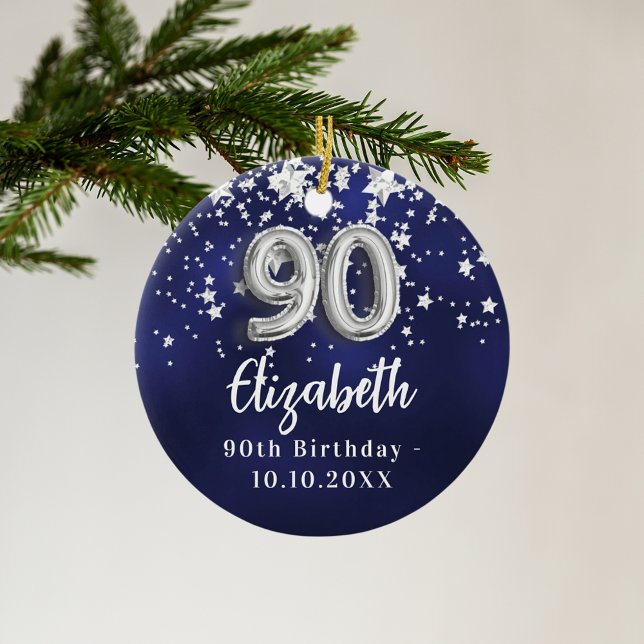 90th birthday navy blue silver stars ceramic ornament (Creator Uploaded)