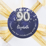 90th birthday navy blue silver stars classic round sticker<br><div class="desc">A sticker for a 90th birthday celebration. A navy blue background colour with faux silver stars. The blue colour is uneven.  Add your name,  text. Text: Thank you for celebrating with me!</div>