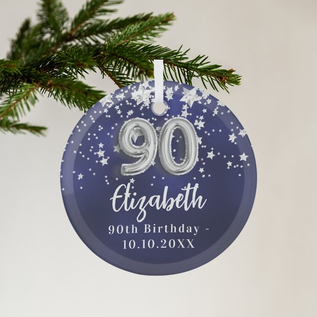 90th birthday navy blue silver stars glass tree decoration (Creator Uploaded)