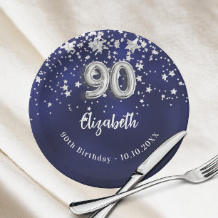 90th Birthday navy blue silver stars Paper Plate