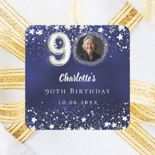 90th birthday navy blue silver stars photo square sticker