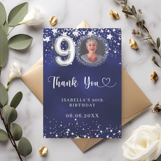 90th birthday navy blue silver stars photo thank you card (Creator Uploaded)