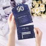 90th Birthday navy blue silver stars rsvp All In One Invitation<br><div class="desc">A navy blue background,  decorated with stars. The blue colour is uneven.  Personalise and add name,  party details,  RSVP date,  return address and name.  Number 90 is written with a balloon style font.</div>