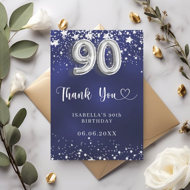 90th birthday navy blue silver stars thank you card (Creator Uploaded)