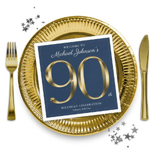 90th Birthday Navy Blue Solid Gold Classy Elegant Napkin