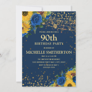 90th Birthday Navy Blue Yellow Sunflowers Gold Invitation