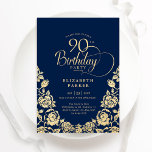 90th Birthday Navy Gold Roses Invitation<br><div class="desc">Navy blue gold elegant 90th birthday party invitation. Classy design featuring roses,  faux gold foil and typography script font. Trendy invite card perfect for a stylish female bday celebration. Personalise with your own details. Can be customised to any age. Printed Zazzle invitations or instant download digital printable template.</div>