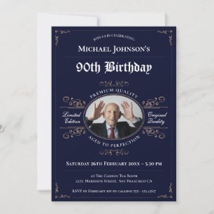 90th Birthday Navy Gold Vintage Whiskey Label Invitation