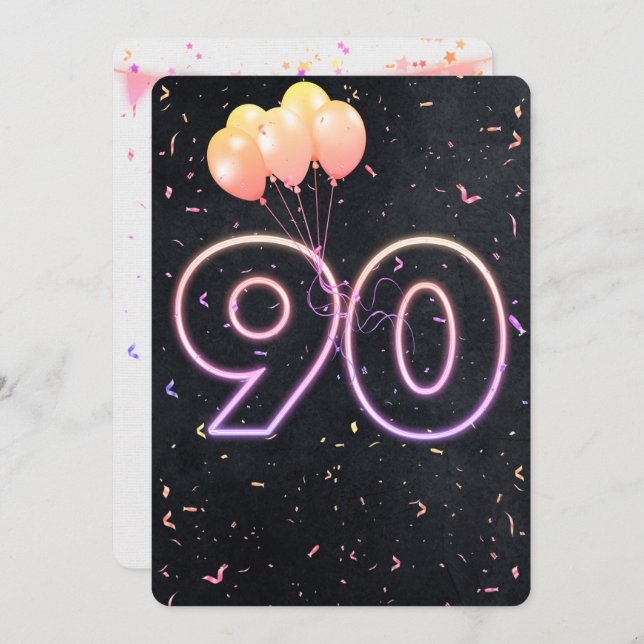 90th Birthday Neon Sign On Black Invitation (Front/Back)