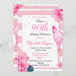 90th Birthday Ninetieth Flamingo Pink  Monogram Invitation