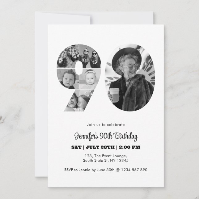 90th Birthday Number 90 Photo Collage Black White Invitation (Front)