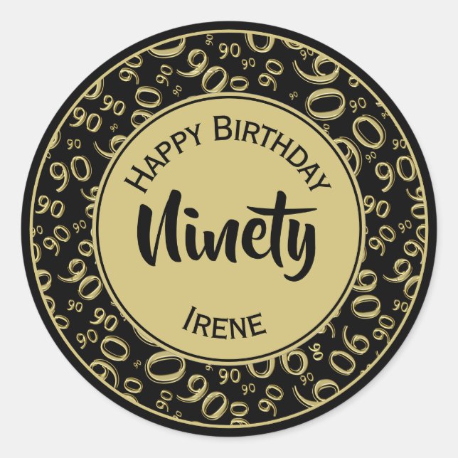 90th Birthday Number Pattern Gold and Black Classic Round Sticker (Front)