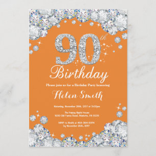 90th Birthday Orange and Silver Diamond Invitation