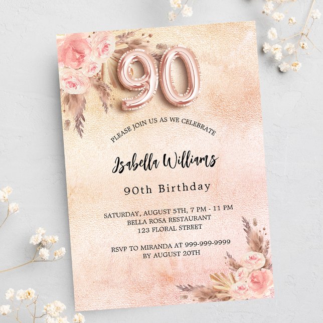 90th birthday pampas grass rose gold flowers boho invitation postcard (Creator Uploaded)