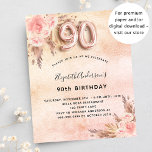 90th birthday pampas grass rose invitation<br><div class="desc">A rose gold,  blush pink rustic faux metallic looking background. Decorated with rose gold and pink florals,  roses,  pampas grass.  Personalise and add a name and party details. Number 90 is written with a balloon style font.</div>