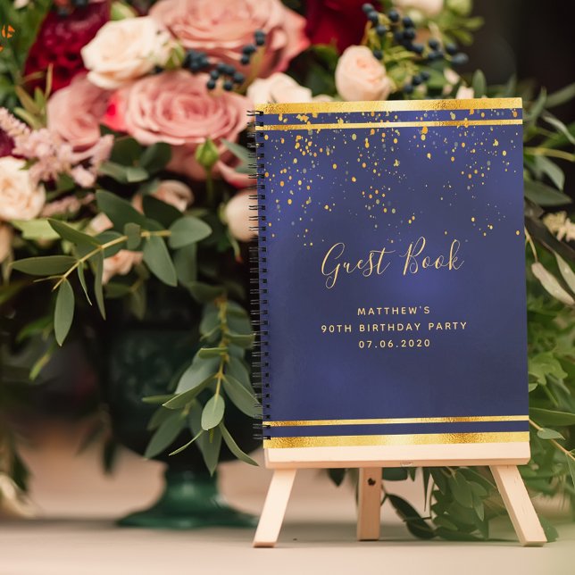 90th Birthday Party 90 dark blue gold guest book (Creator Uploaded)