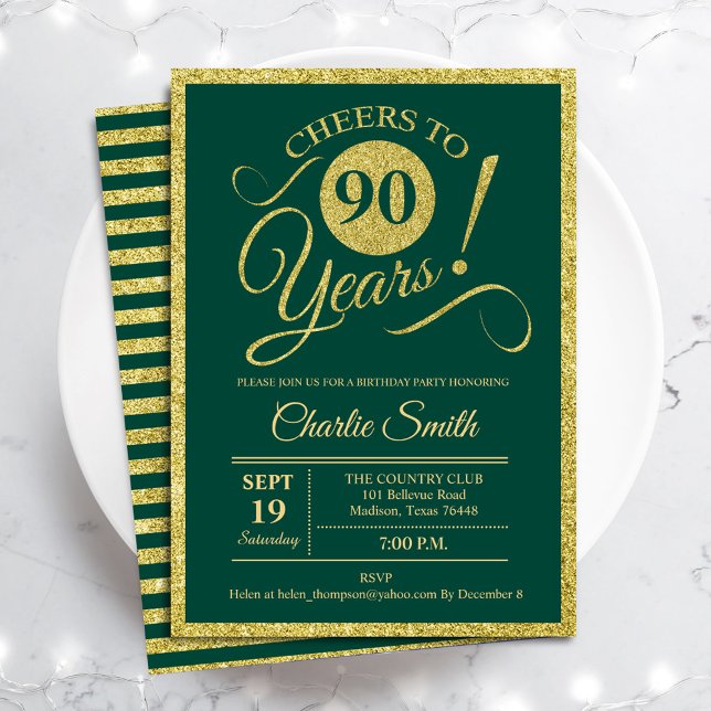 90th Birthday Party - ANY AGE Gold Green Invitation (Creator Uploaded)