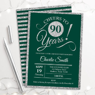 90th Birthday Party - ANY AGE Green Silver Invitation