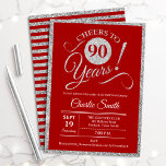 90th Birthday Party - ANY AGE Red Silver Invitation<br><div class="desc">90th birthday party invitation for men or women. Elegant invite card in red with faux glitter silver foil. Features typography script font. Cheers to 90 years! Can be personalised into any year. Perfect for a milestone adult bday celebration.</div>