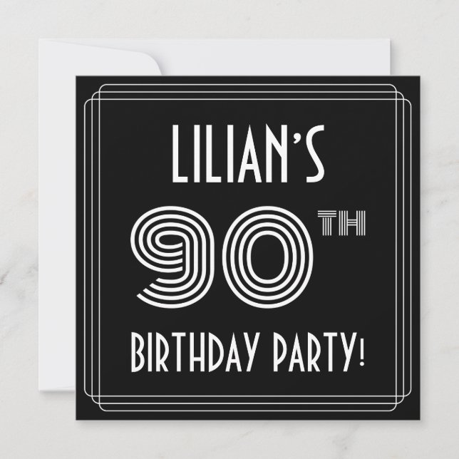 90th Birthday Party: Art Deco Style w/ Custom Name Invitation (Front)