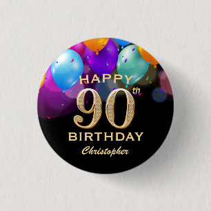 90th Birthday Party Black and Gold Balloons 3 Cm Round Badge