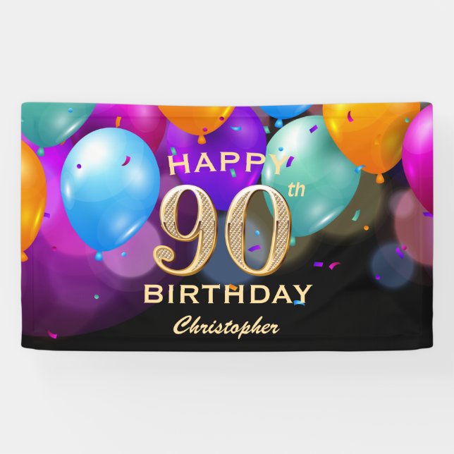 90th Birthday Party Black and Gold Balloons Banner (Horizontal)