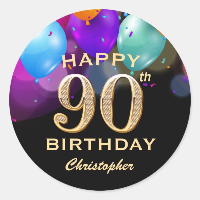 90th Birthday Party Black and Gold Balloons Classic Round Sticker (Front)